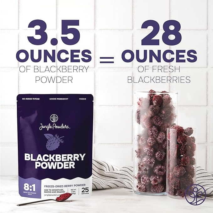 Jungle Powders BlackBerry Powder 3.5 Ounce Bag Freeze Dried Blackberries Fruit Additive Free Unsweetened Smoothie Superfood Nordic Wild BlackBerry Extract for Baking Flavoring Dry Black Berry Powder