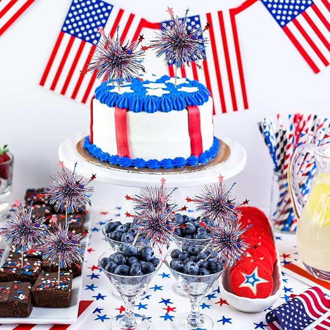 24Pcs American Patriotic Cupcake Toppers, 4th of July Foil Firework Cupcake Toppers Tinsel Drink CupCake Decoration Picks Independence Day Supplies Favor