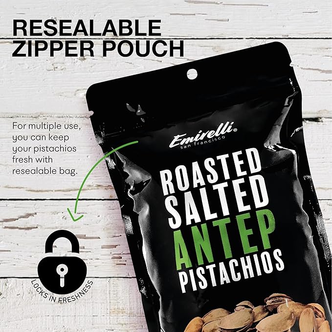 Emirelli Turkish Antep Pistachios in Shell, Roasted and Salted Intense Nuts, Non GMO Gluten Free Natural Vegan Healthy Snacks, Shelled Pistachios Remains Fresh with Resealable Bag (Pack of 1)