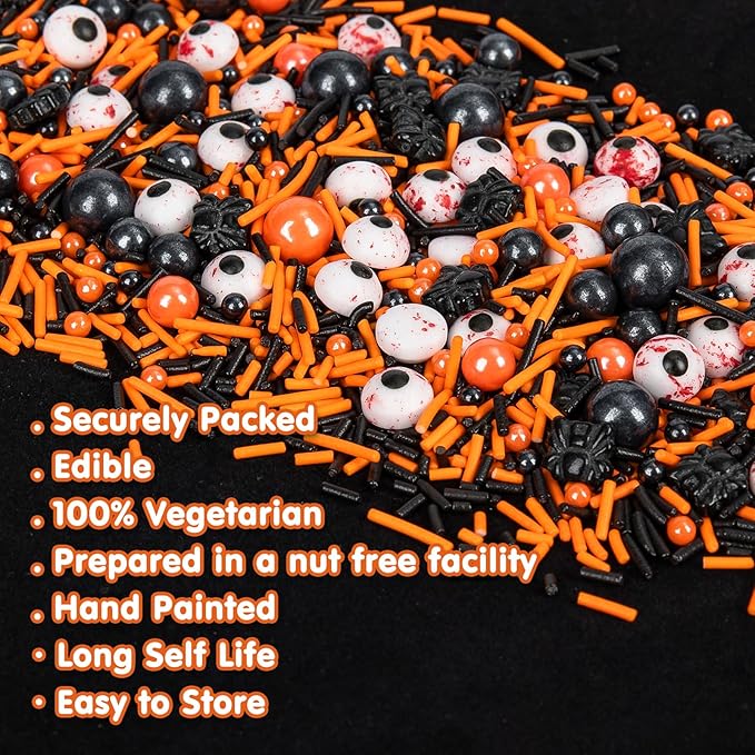Edible Terrifying Sprinkles,Candy Bloody Eyeballs,Orange Pearls Black Spider Sprinkle Jimmies Mix,130g,Perfect for Cake Decorations,Baking,Ice Cream,Cookies,Cupcake Topper,Halloween Thanksgiving Christmas Supplies Children's Party