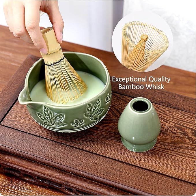 7 Pcs Matcha Whisk Set, Ceremony Matcha Kit with Matcha Bowl, Bamboo Whisk and Holder, Scoop and Scoop Rest, Sifter and Tea Towel, Gift for Matcha Lovers (Green/Maple Leaf-Patterned)
