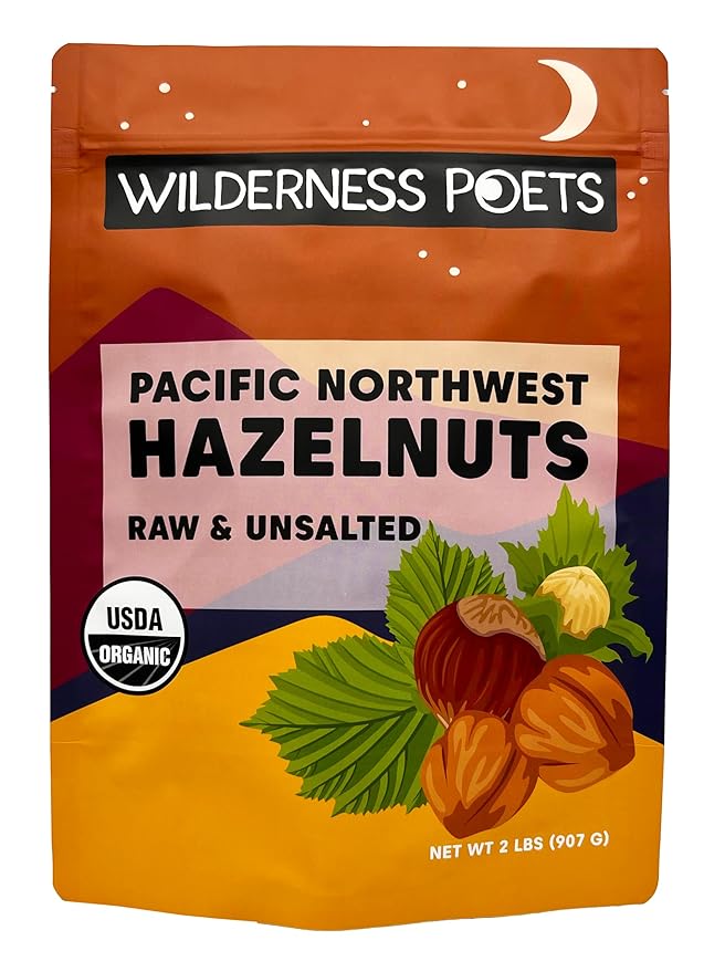 Wilderness Poets, Organic, Pacific Northwest-Grown Hazelnuts - Raw, Whole Nuts with Skins, No Shells. Bulk Size (32 Ounce - 2 Pound)