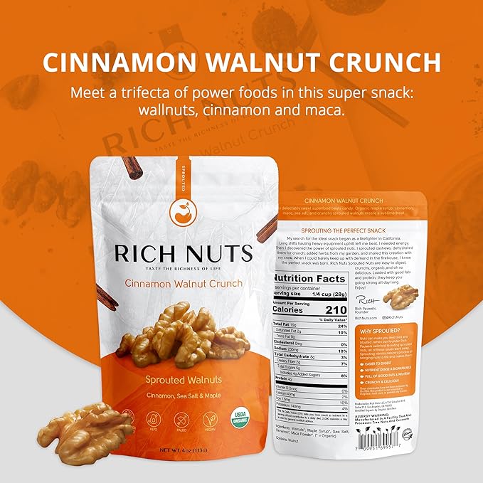 Rich Nuts Cinnamon Walnut Crunch Gourmet Sprouted Walnuts | Vegan, Organic, Paleo, Keto | Cinnamon, Maple Syrup, Maca & Sea Salt | Non-Roasted, Dehyrdated, Germinated, Raw & Whole | 4 Oz Bag (2 Pack)