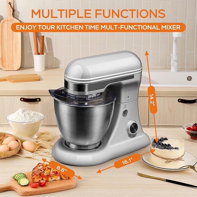 4.8QT Stand Mixer, 12-Speed Electric Kitchen Mixer with Tilt-Head, Stainless Steel Bowl, Egg Whisk, Dough Hook & Beater – Lightweight, Compact for Small Kitchens,Light Gray