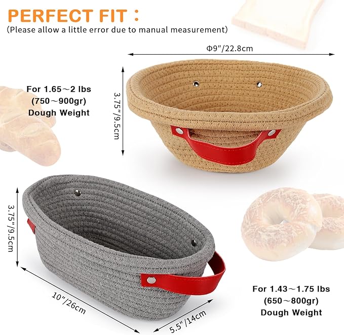 Sourdough Starter Kit, 9" Round & 10" Oval Cotton Rope Banneton Bread Proofing Basket, Sourdough Bread Baking Supplies Set - Bread Lame, Sling, Bread Whisk, Dough Scraper, Sour Dough Tools