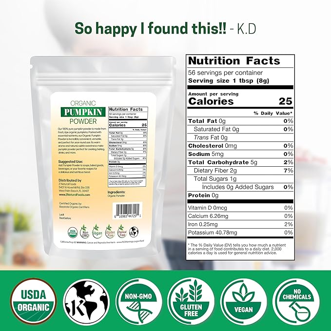 Z Natural Foods Organic Pumpkin Powder - Pure Powdered Pumpkin for Delicious Pumpkin Spice Latte, Baking, Smoothies, Juice, Puree - Dried Sweet Vegan Pumpkin Powder, Gluten Free, Kosher, 1 lb
