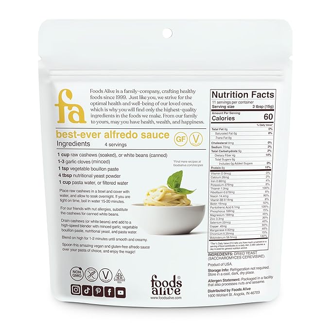 Foods Alive Unfortified Nutritional Yeast Flakes - Vegan, Gluten-Free, Non-GMO - Dairy Free Cheese Substitute & Nutritional Yeast Powder Seasoning - High Protein & Fiber - No Synthetic Additives, 6 oz