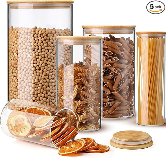LemonRoad 5 Pack Airtight Glass Storage Jars with Bamboo Lids 152oz/61oz/46oz/25oz/19oz Glass Canisters Sets Food Storage Containers for Flour, Sugar, Rice, Microwave and Freezer Safe