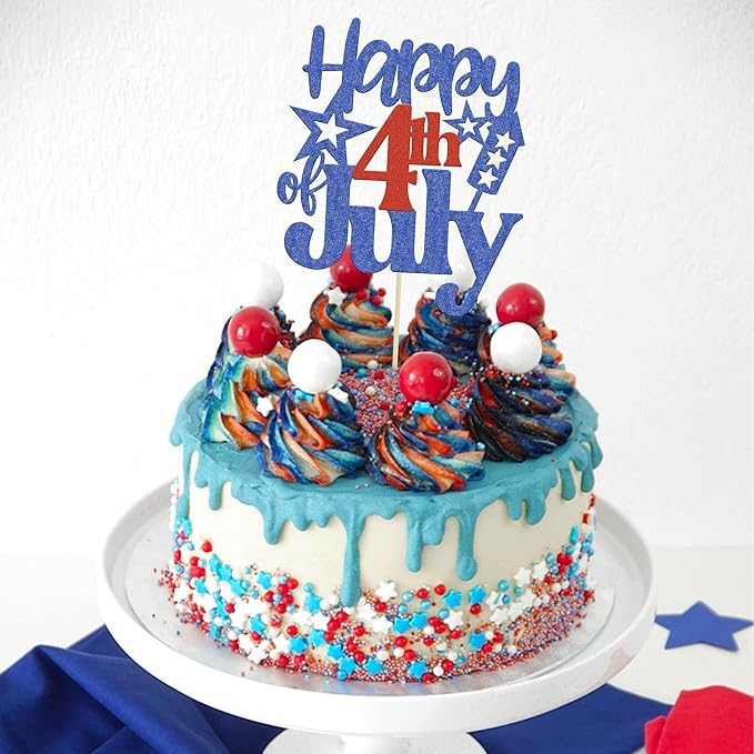 1 Pack Happy 4th of July Cake Topper Red and Blue Glitter Independence Day Cake Pick Decorations for American National Day Patriotic Party Supplies