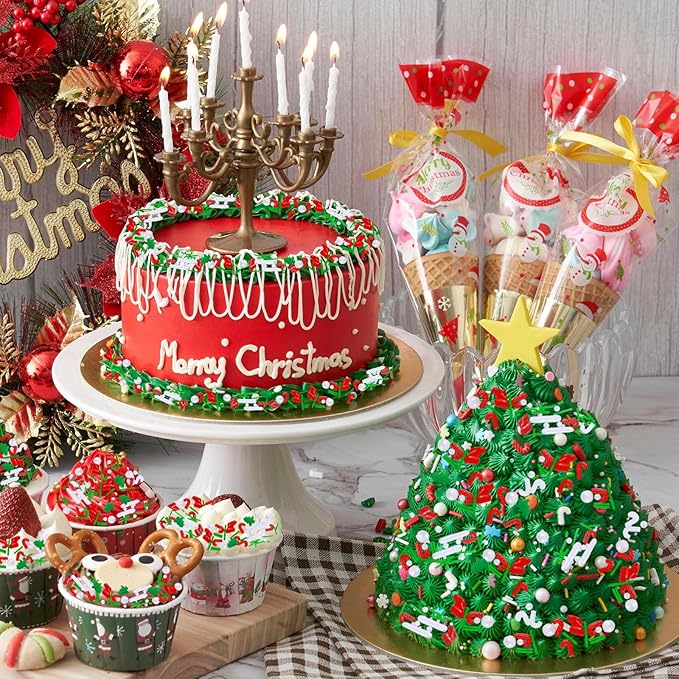 Morofme 3.5 oz Christmas Tree Sprinkles Red and Green Christmas Sprinkles White Pearl Mix Jimmies Christma Cane Sock Sprinkle Cake Topper Edible Holiday Sprinkle for Dessert Cupcake Toppers Cookie