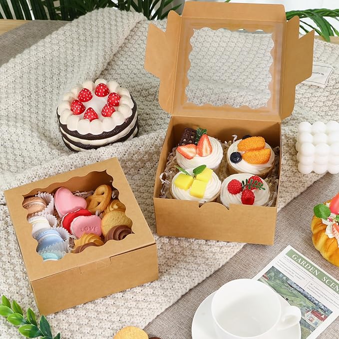 Moretoes 15pcs Cookie Boxes with Window, 6x6x3in Brown Bakery Boxes for Treats, Small Cake, Desserts, Donuts, Pastry