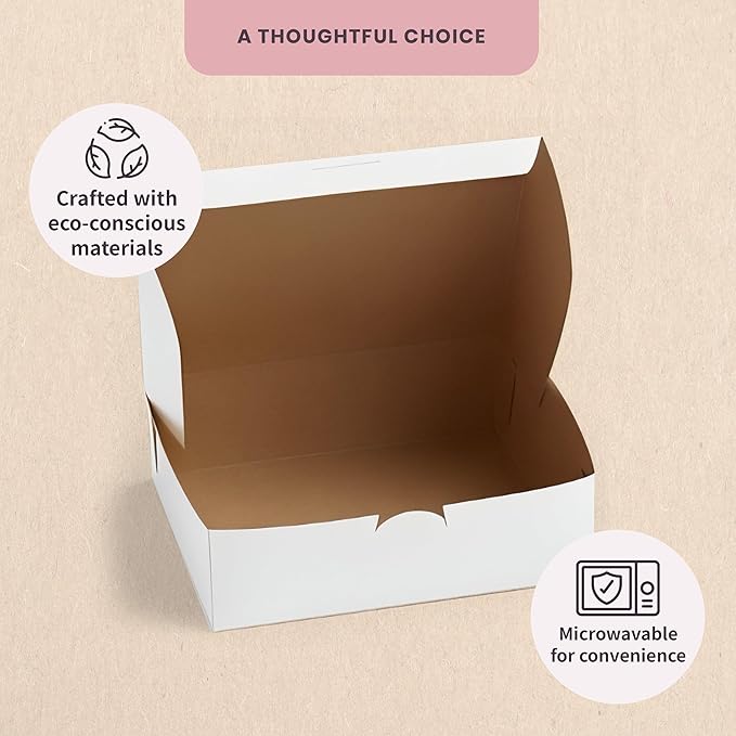 Reversible Bakery Boxes 10 x 10 x 3 in, No Window Lock Corner Pie and Cake Boxes with Front Tuck Lock & Side Clips, Kraft or White Exterior, Microwavable, 100 Pack