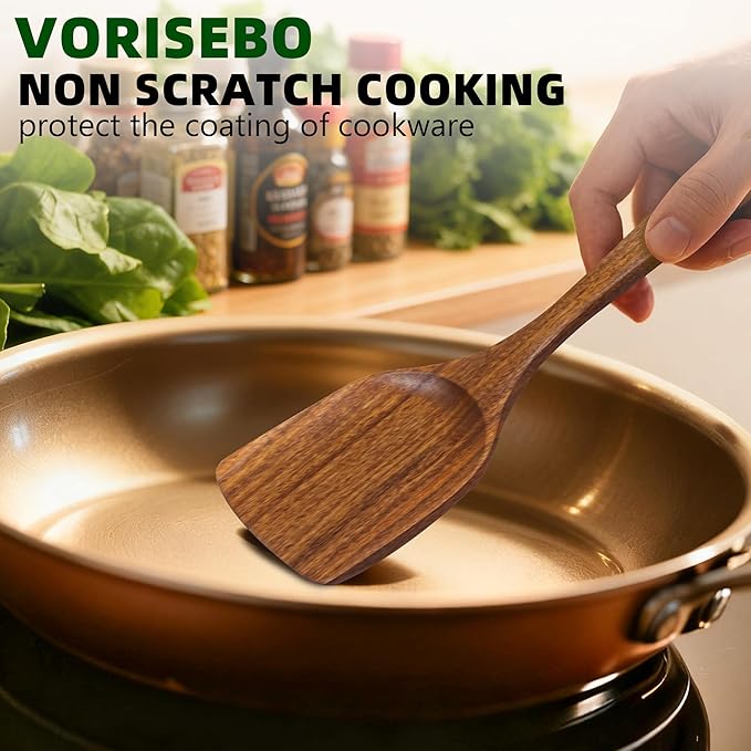 7 PCS Wooden Spatula for Cooking, Natural Teak Wooden Utensil Set, Non-Toxic Wood Cooking Utensil, Handmade Comfort Grip Wood Spoons for Nonstick Cookware