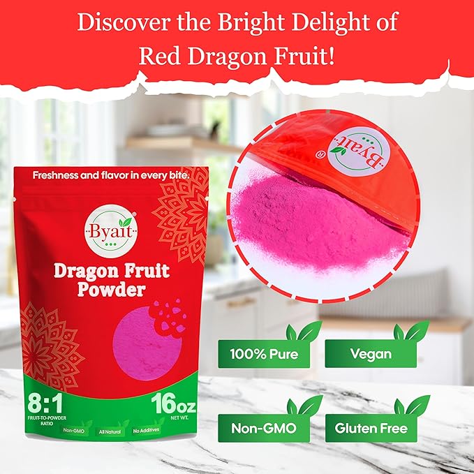 Byait Freeze Dried Dragon Fruit Powder 1 lb, Fine Pitaya Powder for Food Coloring, Baking, Smoothies, Drinks, Ice Cream, Cocktails, Vegan, Non-GMO, No Added Sugar