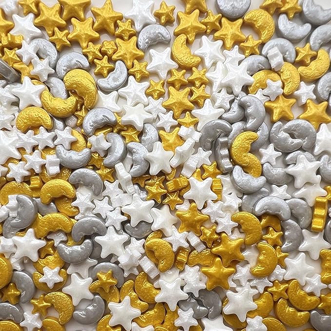 SE Si&Moos Moon and Star Candy Decorations Edible Gold and White Star Sprinkles Gold and Silver Moon Sprinkles for Cakes, Cupcakes, Cookies, Shower Party Birthday Holiday Supplies 3.5 OZ