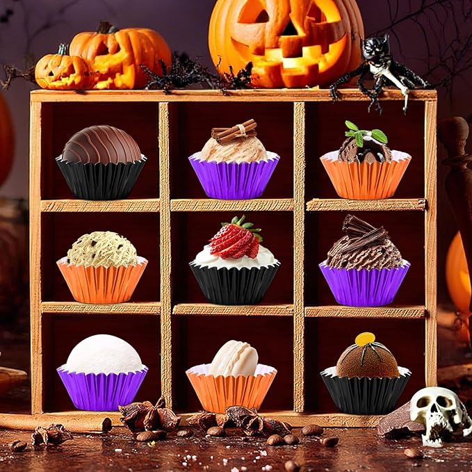 AUGSUN 400pcs Halloween Mini Foil Cupcake Liners, Black Purple Orange Metallic Muffin Cupcake Wrappers for Halloween Holiday Birthdays Showers Party Cake Candy Chocolate Decorations Supplies