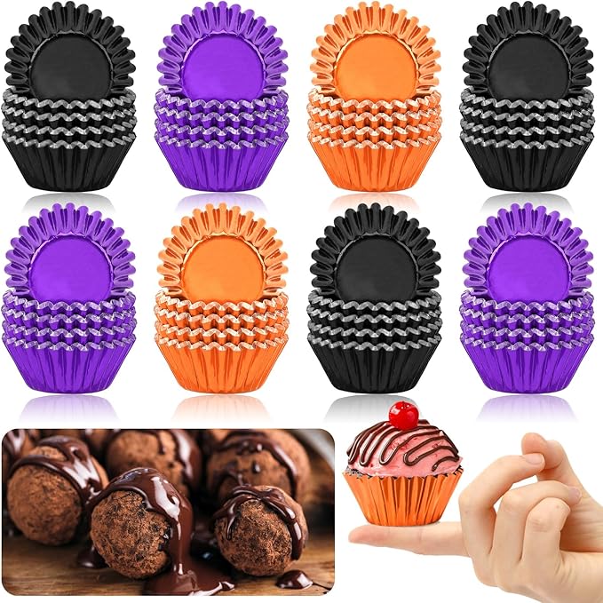 AUGSUN 400pcs Halloween Mini Foil Cupcake Liners, Black Purple Orange Metallic Muffin Cupcake Wrappers for Halloween Holiday Birthdays Showers Party Cake Candy Chocolate Decorations Supplies