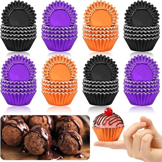 AUGSUN 400pcs Halloween Mini Foil Cupcake Liners, Black Purple Orange Metallic Muffin Cupcake Wrappers for Halloween Holiday Birthdays Showers Party Cake Candy Chocolate Decorations Supplies