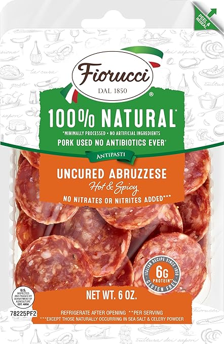 Fiorucci All Natural Uncured Abruzzese Nuggets, Spicy Fermented and Air-dried Traditional Italian Salami, No Nitrites & Antibiotic Free Pork, 6g of Protein, 6 Oz (Pack of 1)