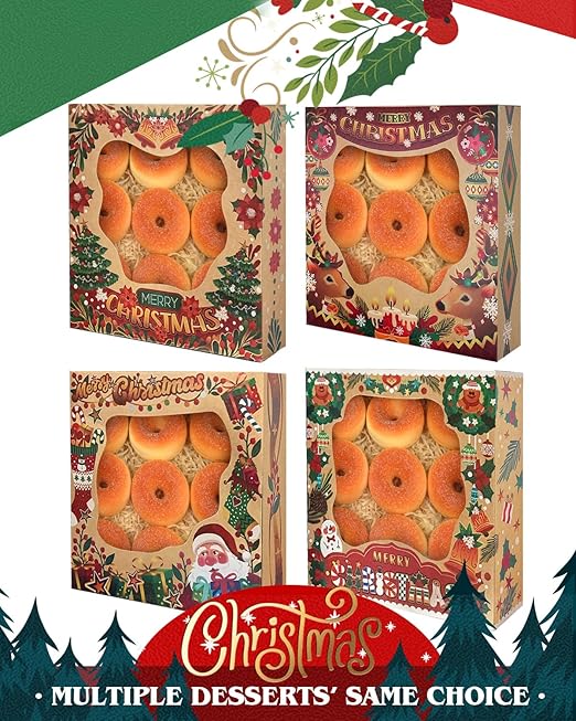 qiqee Christmas Kraft Cookie Boxes with Window 30packs 9x9x2.5 Inch Bakery Box Pastry Box for Christmas
