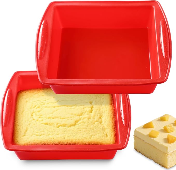 Silicone Square Brownie Pan 2 Pack, 8x8 Baking Pan for Brownies, Cakes, Bread, Pie & Lasagna – BPA Free, Heat Resistant, Flexible Silicone baking mold, Oven, Microwave, Dishwasher Safe