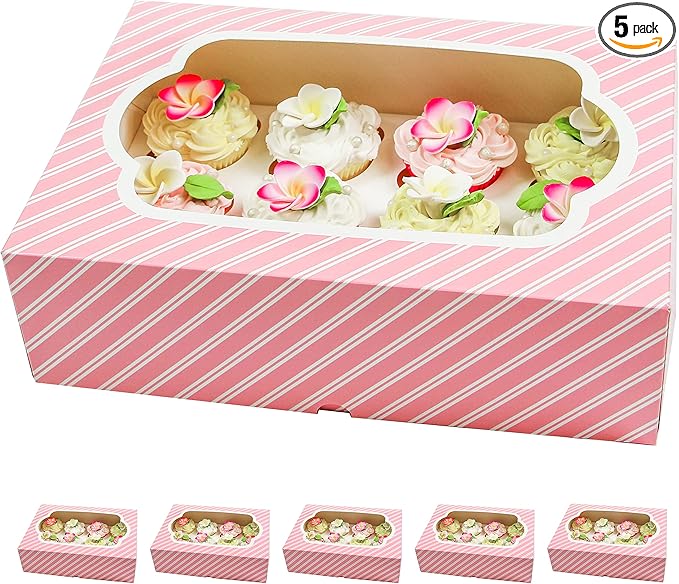 Global Sugar Art Auto-Popup Quarter Sheet Cake & Cupcake Box with Window and Cupcake Insert, Pink Striped 14 x 10 x 4 Inches, 5 Count
