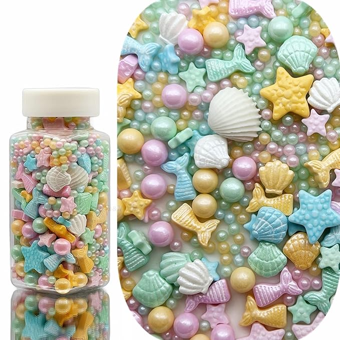 SE Si&Moos Edible Mermaid and Shell Sprinkles Mermaid Cupcake Toppers Mermaid Cake Decorations Beach Cake Decoration Shower Party Birthday Holiday Supplies 3.5 OZ with Tweezers