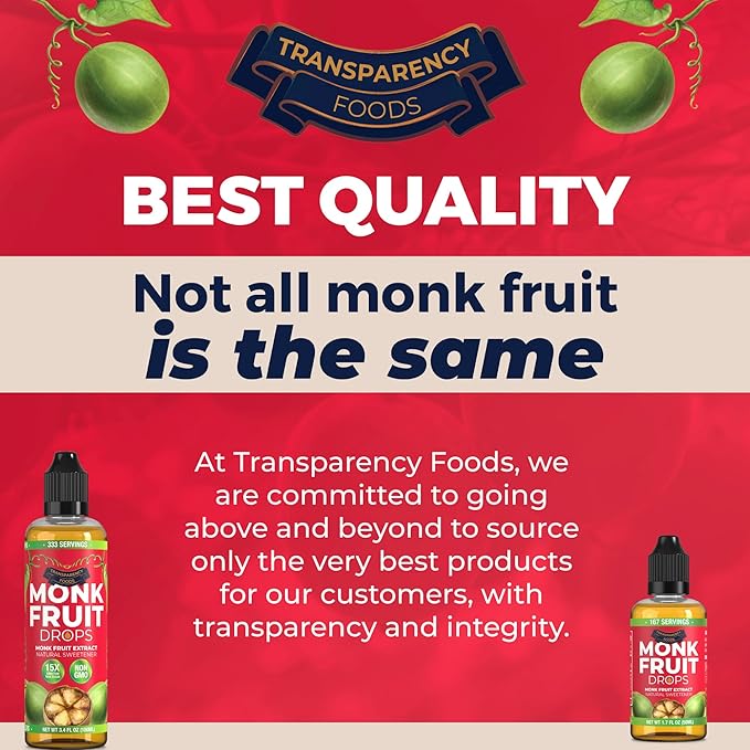 Monk Fruit Extract (6 Drops = 1 Tsp of Sugar) Zero Calories, Non-GMO, No Fillers - Liquid Monk Fruit Sweetener No Erythritol by Transparency Foods NEW FORMULA (10.2 oz, 999 servings)