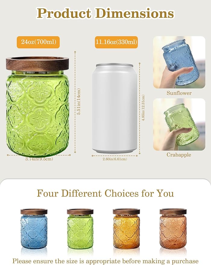 Glass Jar with Airtight Wood Lid – 24 OZ Kitchen Pantry Bathroom Storage Canister, Decorative Vintage Container for Candy, Salt, Coffee, Cookie, Cereal, Nuts, Oats, Flour, Sugar, Tea, Green Begonia