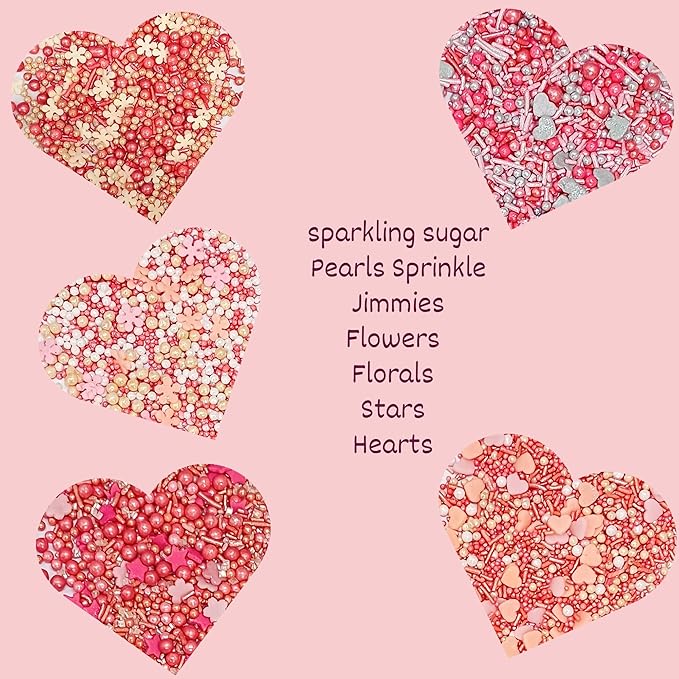 Confect Pretty in Pink, Gold & White Flower & Pearl Sprinkles Mix – Heart & Star Edible Sprinkles for Cakes, Cupcakes, Cookies – Valentine’s Day Baking Decorations – Pack of 5 - Vegan, Gluten-Free, Nut-Free, Soy-Free, Dairy-Free, Palm Oil-Free- 5 Oz