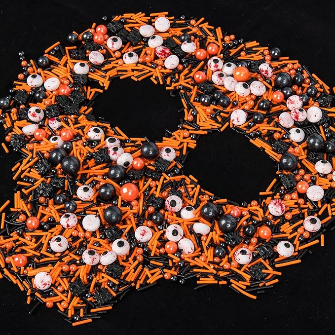 Edible Terrifying Sprinkles,Candy Bloody Eyeballs,Orange Pearls Black Spider Sprinkle Jimmies Mix,130g,Perfect for Cake Decorations,Baking,Ice Cream,Cookies,Cupcake Topper,Halloween Thanksgiving Christmas Supplies Children's Party