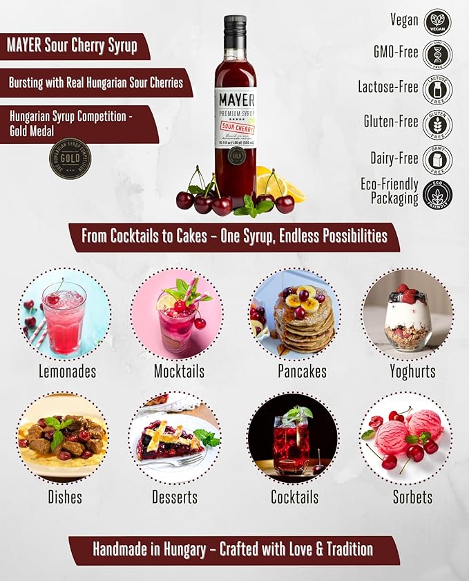 Mayer Hungarian Sour Cherry Syrup – Award-Winning Cherry syrup for drinks, All-Natural Cordial, Over 50% Real Fruit, Vegan (16.9 oz Bottle) – Ideal Cocktail Mixer & Dessert Topping