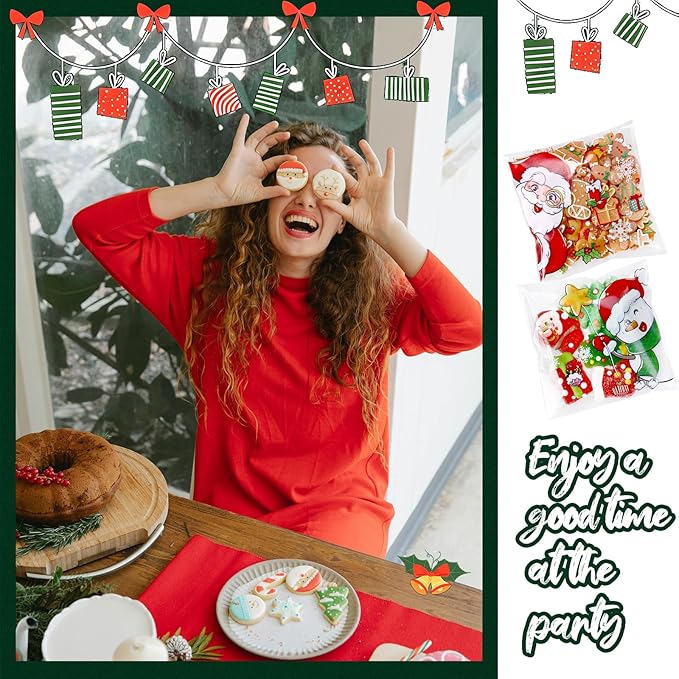 Christmas Cellophane Bags Biscuit Roasting Treat Bags Individual Wrappers Self Adhesive OPP Cookie Bakery Present Gift DIY Candy Decorating Favor Bags (4x4 Inch, 200Pcs)
