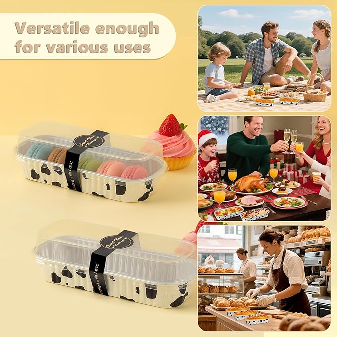 Ruckae 100 Pack Cow Print Mini Loaf Pans with Lids and Spoons Disposable Aluminum Tin Foil Pans Rectangle Mini Loaf Cake Pan for Baking,Party,Picnics,Gifts