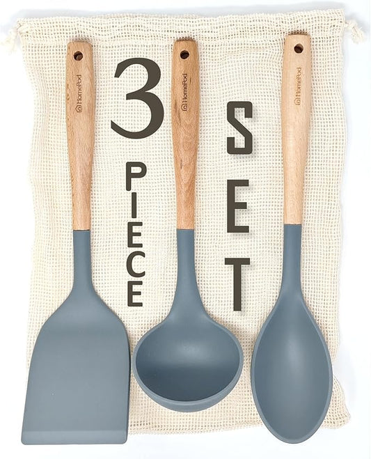 Pack of 3 Silicone Spatula Set 15 inches Large Heat Resistant 600F Flipper Cooking Fish Baking Egg Pancake Won't Scratch Kitchen Cookware, Turner Rubber Spatulas Ladle Spoon Skimmer Espatula (Gray)