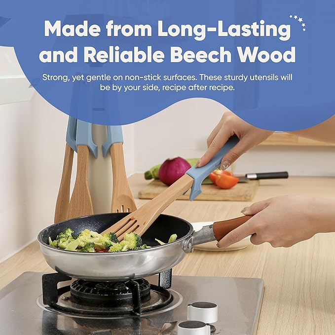 Chef’s Path Wooden Cooking Utensils Set – 5-Piece Beech Wood Kitchen Utensils Set with Silicone Spoon Rest, Wooden Spatula, Serving Spoon, Wooden Spoons for Cooking & Rotating Utensil Holder, Blue