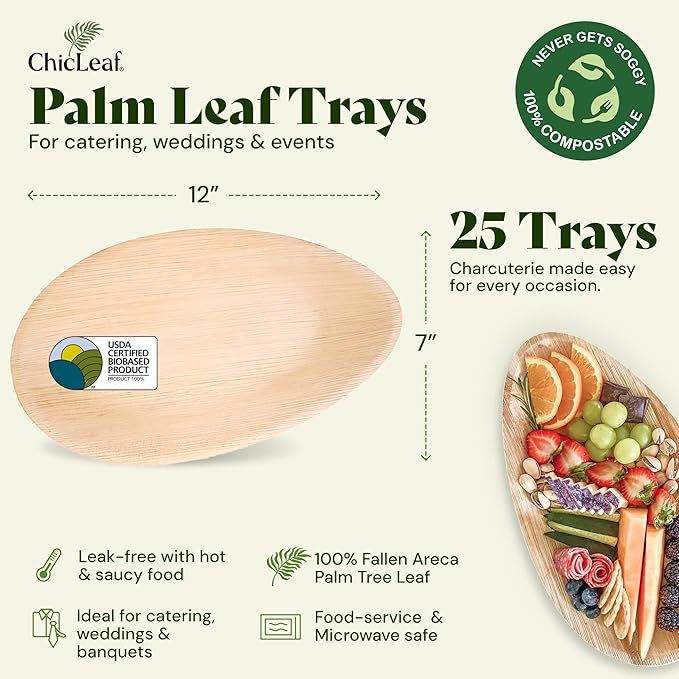 Chic Leaf All Natural Compostable & Disposable Rectangular 12" x 7" Palm Leaf Trays for Events, Parties, Thanksgiving Dinner Meal, Charcuterie, Catering & Weddings - Disposable Party Supplies (25 pc)