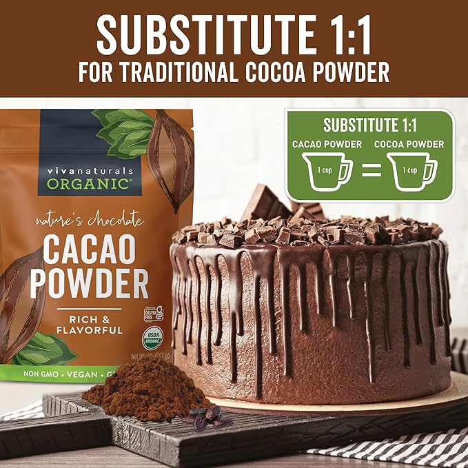 Organic Cacao Powder, Unsweetened, 2 lb (907 g) – Rich Dark Chocolate Flavor, Perfect for Baking, Smoothies & Hot Chocolate – Vegan, Keto, Paleo, Non-GMO & Gluten-Free Cocoa Powder