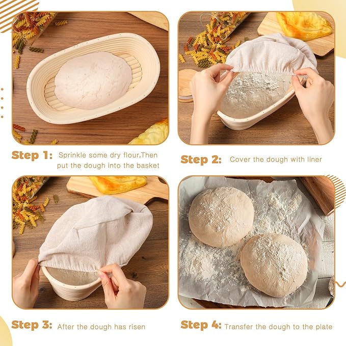 Gejoy Oval Banneton Bread Proofing Basket Set of 8, Sourdough Bread Baking Bowl Kit with Cloth Liners and Dough Scrapers Natural Rattan Banneton Sourdough Bowl Basket for Bakers(10 Inch)