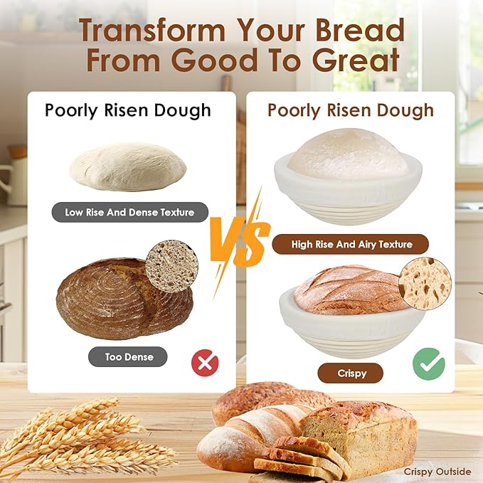 Banneton Bread Proofing Basket Set of 2 9 inch Round Dough Proofing Basket，Sourdough Starter Kit with Linen Liner, Lame, Dough Whisk,Complete Sourdough Bread Baking Supplies