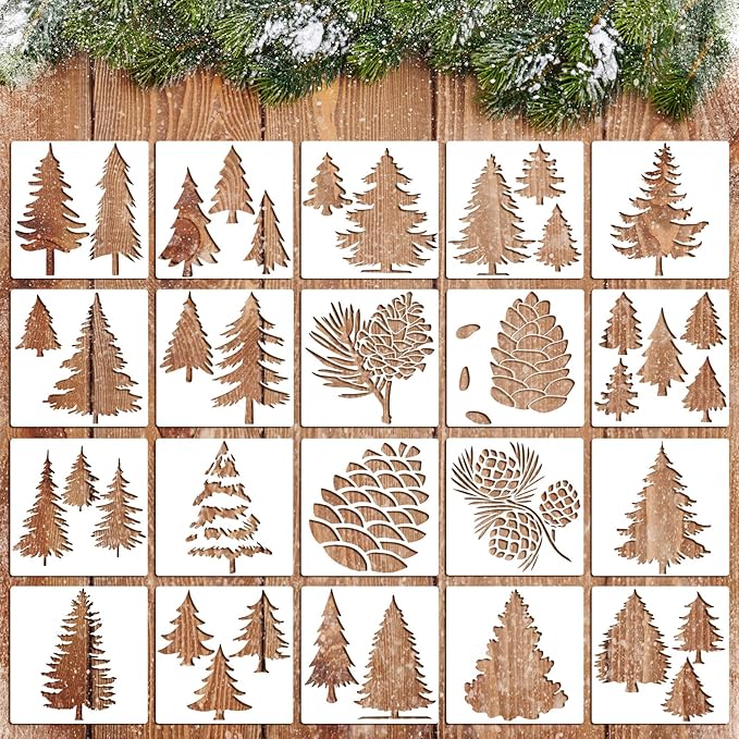 20 Pieces Christmas Pine Tree Stencils for Painting on Wood Canvas Winter Stencils Template Crafts Reusable Holiday Wall Home Decor
