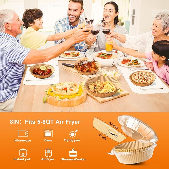 Air Fryer Liners for Ninja, 200 Pcs 8" Round Airfryer Paper Liners Disposable for Oven, Pans & Baking, Non-Stick and Oil Proof Parchment Paper for 5-8 qt Air Fryer Basket by Vailnd
