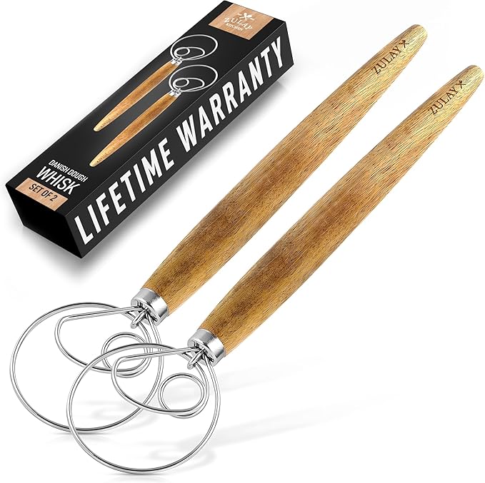 Zulay Kitchen Durable 13-Inch Danish Dough Whisk - Easy Mixing Bread Hook, Stainless Steel, Sourdough Traditional Dutch Whisking Tool, 2 Pack Acacia Wood