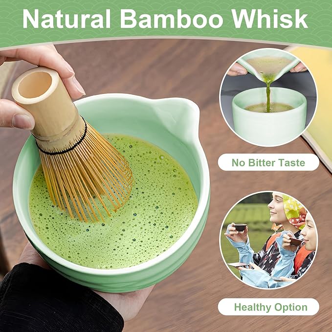 RONBEI Matcha Whisk Set, Japanese Matcha Set with Ceramic Bowl, Bamboo Whisk, Stainless Sifter, Scoop and Holder, Jade Green Matcha Kit for Matcha Lover(7 Pcs)