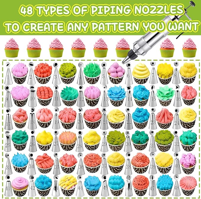 NOVANO Dessert Decorating Syringe Set, Frosting Piping Kit Stainless Steels Cake Decorating Kit with 54 Piping Tips & 9 silicone cupcakes, Cupcake Decorating Kit Piping Bags and Tips Set (Black)