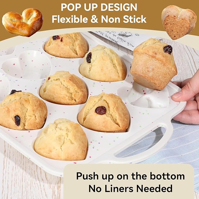 Mini Loaf Pans, Metal Reinforced Frame Silicone Mini Bread Loaf Pans 24 Cavities Nonstick for Baking Cornbread, Small Bread, Small Loaf, Brownie, Cheesecake, Cupcake (2 Pack Heart-shaped)