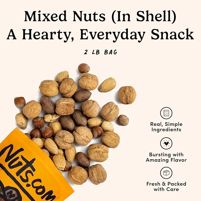 Nuts.com – Mixed Nuts in Shell – 2 Lb Bag, Healthy Snack Sampler, Includes Premium Walnuts, Almonds, Hazelnuts, Pecans & Brazil Nuts – Good Source of Protein, Fiber & Omega-3 (Pack of 2)