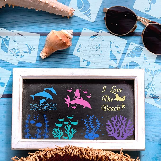 66 Pcs Small Stencils for Crafts Reusable 3 Inch Stencils for Painting on Wood DIY Craft Paint Template for Wall Home Decor Card Rock Canvas Drawing Holiday Ornament(Ocean)