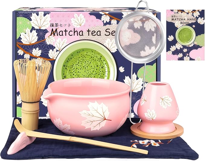 Matcha Set (8 PCS),Pink Matcha Whisk Set Inclded Ceramic Matcha Bowl and Whisk Set,Holder,Holder Mat,Bamboo Scoop,Scoop Rest,Sifter and Tea Towel,Cute Matcha Kit for Macha Lovers and Tea Ceremony