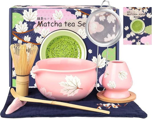 Matcha Set (8 PCS),Pink Matcha Whisk Set Inclded Ceramic Matcha Bowl and Whisk Set,Holder,Holder Mat,Bamboo Scoop,Scoop Rest,Sifter and Tea Towel,Cute Matcha Kit for Macha Lovers and Tea Ceremony